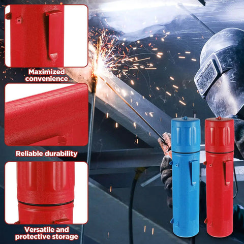 Two Pack 14 Inch Welding Rod Storage Tubes In Red And Blue Airproof And Waterproof Electrode Canisters For Keeping Stick Electrodes Organized By Type Or Size On The Job Site, shown with welding sparks and close-ups of product features.