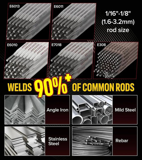 Image showing various welding rods including E6013, E6011, E6010, E7018, E308, suitable for 205 Amp Mini Stick Welder 110V With Lift TIG.