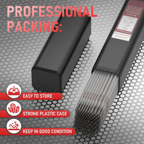 E7018 Carbon Steel Welding Rods Set for All Positions in plastic case, 3/32 and 1/8 inch electrodes, 2.5 lb each, professional packing