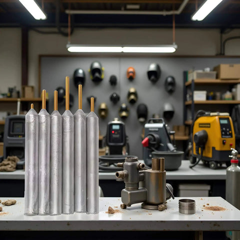 6 Piece Low Temperature Universal Welding Rods Set for Aluminum and Metals on workbench in workshop setting