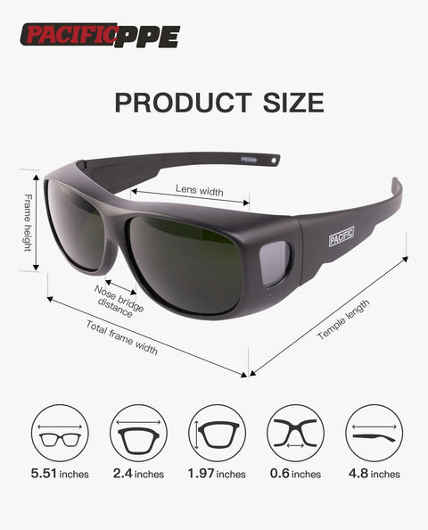 Welding Safety Glasses ANSI Z87 IR Shade 5 Wraparound Lenses UV Protection with size dimensions in inches, side view.