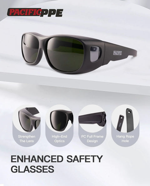 Side view of black welding safety glasses with high-end optics and wraparound lenses, featuring a PC full frame, enhancing safety.