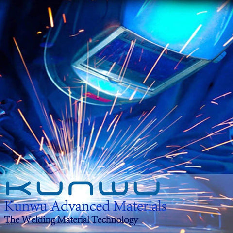 Person welding with sparks, blue helmet visible, Kunwu Advanced Materials branding