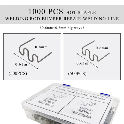 Diagram of Hot Staples Welding Rods For Plastic And Metal Repair With Wave Bonding, showing 0.6mm and 0.8mm sizes, 1000 pieces pack by ZNDAW