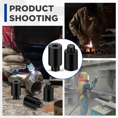 Collage of Welding Table Fixture Pins Five Eighths Inch By One Inch By One And A Half Inch Quick Setup Clamps in use and close-up view