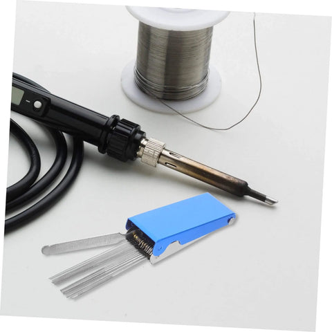 13 Piece Welding Tip Cleaner Kit With Stainless Steel Cleaning Needles In Durable Aluminum Case For Gas Welding Emergency Repairs And On The Go Maintenance, showing open aluminum case with needles and soldering iron.