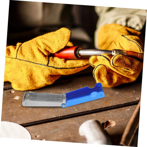 13 Piece Welding Tip Cleaner Kit With Stainless Steel Cleaning Needles In Durable Aluminum Case For Gas Welding Emergency Repairs And On The Go Maintenance shown on workbench