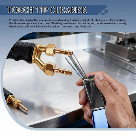 Close-up of torch tip cleaner included in Comprehensive 22 Piece Welding Accessories Kit with Heavy Duty Chipping Hammer Soapstone Holder 16 Foot Tape Measure 50 Pound Magnet Triple Flint Striker Torch Cleaner Wire Brush And More