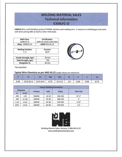 Technical information sheet for Gasless Flux Core Stainless Steel Welding Wire For 309L To 309L Or Mild Steel, ER309LFC-O