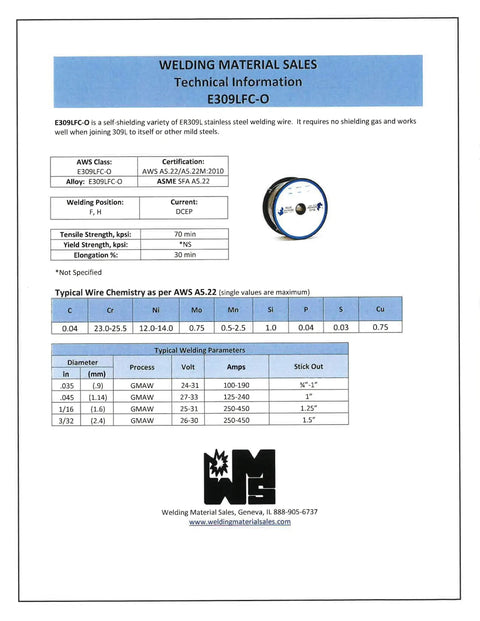 Gasless Flux Core Stainless Steel Welding Wire For 309L To 309L Or Mild Steel, ER309LFC-O, 0.035 In, 1 Lb Spool, AWS E309LFC-O data