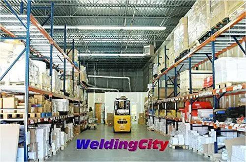 Warehouse view showing shelves of Top Notch ER70S-2 Mild Steel TIG Welding Rods Copper Coated for WeldingCity distribution.