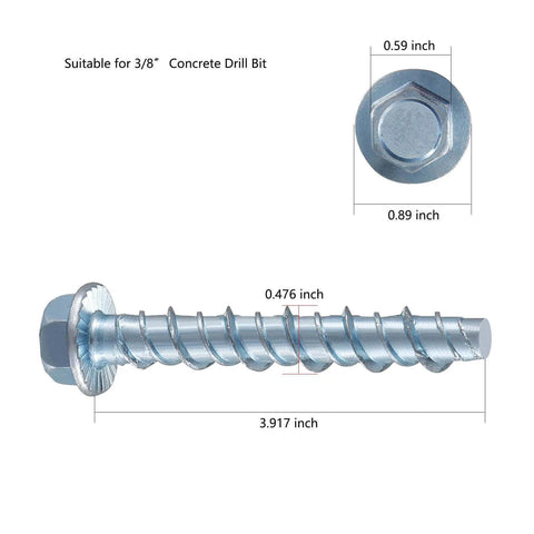 Wensilon 3/8" x 4" Zinc Plated Large Diameter Concrete Screw with measurements for masonry, brick, or block anchoring.