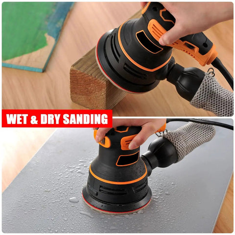 Five Inch Foam Sanding Pad Set 18 Pcs 180 3000 Grit For Wet Dry Orbital Sander in use on wood and wet surface