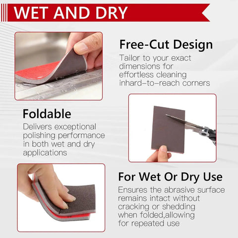 24 Piece Sanding Sponge Set 3x4 Inch with Grit Range 120 to 3000 Hook and Loop, showing foldable design and cutting feature for wet and dry use