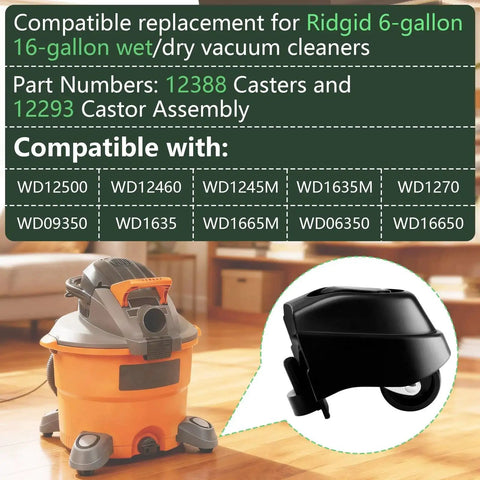 Foot Caster And Caster Wheel Kit For 6 Gallon And 16 Gallon Wet Dry Vacuums showing vacuum compatibility chart and wheel close-up.