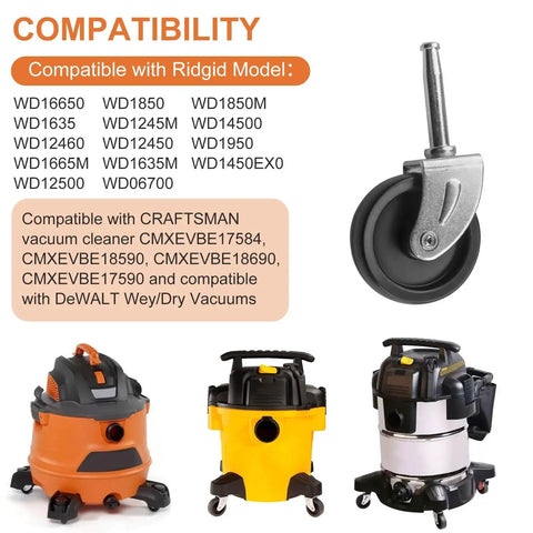 4 Pcs Wet Dry Vacuum Caster Wheels Replacement Set For Vacuum Cleaners Compatible With Dewalt Craftsman Ridgid Models shown with vacuums and wheel