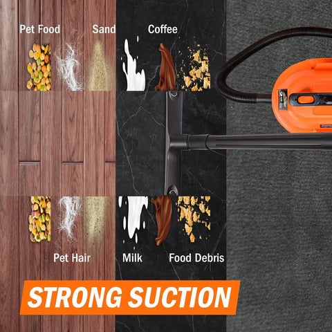 Orange and black Wet Dry Vacuum, Two Point Five Gallon with 2 Peak HP demonstrating strong suction on pet food, sand, coffee, and debris.
