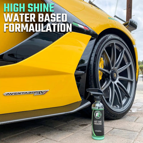 Ultra Wet Tire Dressing Spray Delivers Extreme Shine With Non Greasy Silicone Formula And UV Protection Preventing Sling Easy To Apply With Minimal Cure Time 16 Oz Water Based Finishes A Pristine Wet Look next to a yellow sports car wheel.