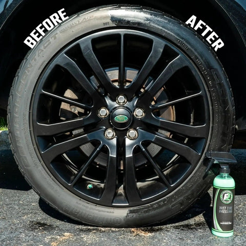 Car tire with before and after application of Ultra Wet Tire Dressing Spray Delivers Extreme Shine With Non Greasy Silicone Formula