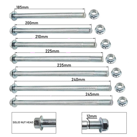Assorted wheel axle bolts with lock nuts, including 12mm Wheel Axle Bolt 210mm Length for Dirt Bikes ATVs Swing Arm Front And Rear Axles 12mm Diameter With Lock Nut High Strength Replacement Part For Pit Pro Dirt Bikes Quad Bikes And Motorcycles