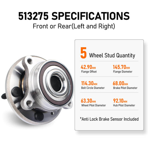 Pair Front And Rear Wheel Bearing Hub Assembly For Ford Edge 2011 To 2014, Flex 2009 To 2018, side view with specifications.