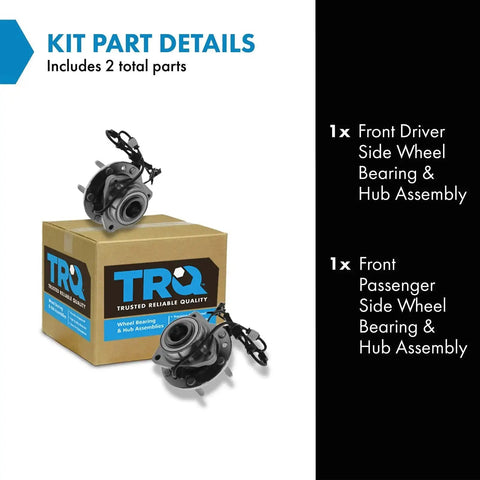 Front Wheel Bearing And Hub Assembly Set For Chevrolet Trailblazer Trailblazer Ext GMC Envoy Envoy XL Buick Rainier And Saab 9 7X Two Piece Driver And Passenger Sides For Direct Fit No Hassle Easy Install By TRQ, showing packaging and both assemblies.