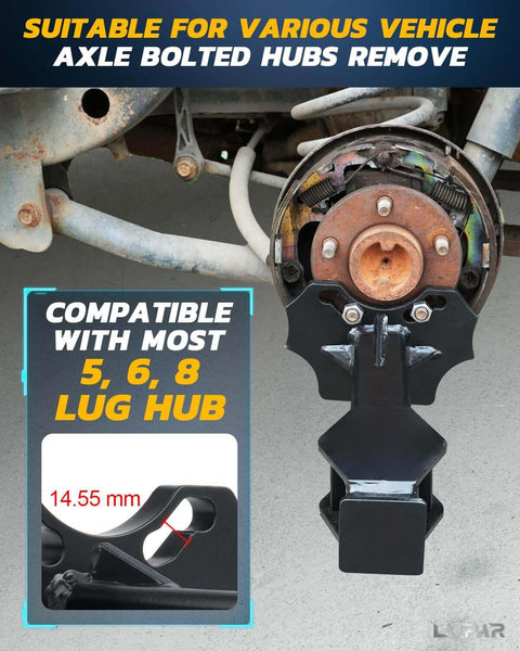 Wheel Bearing Hub Removal Tools Kit Compatible with All Axle Bolt Hubs 5, 6, 8 Lug Hubs Buster Puller in use on axle