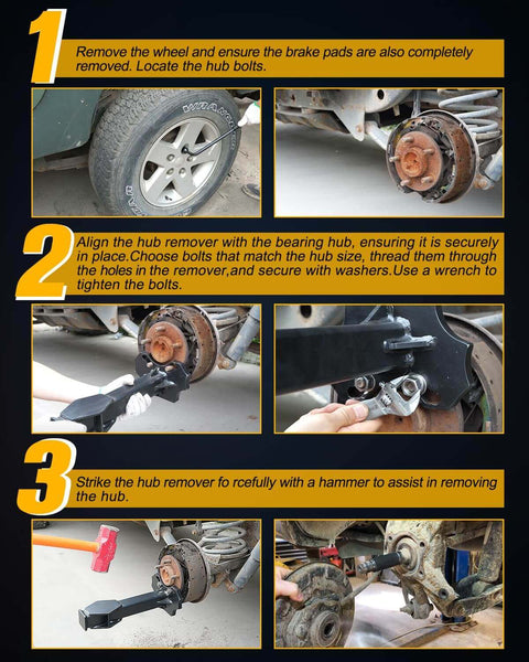Step-by-step usage of Wheel Bearing Hub Removal Tools Kit Compatible with All Axle Bolt Hubs 5, 6, 8 Lug Hubs Buster Puller