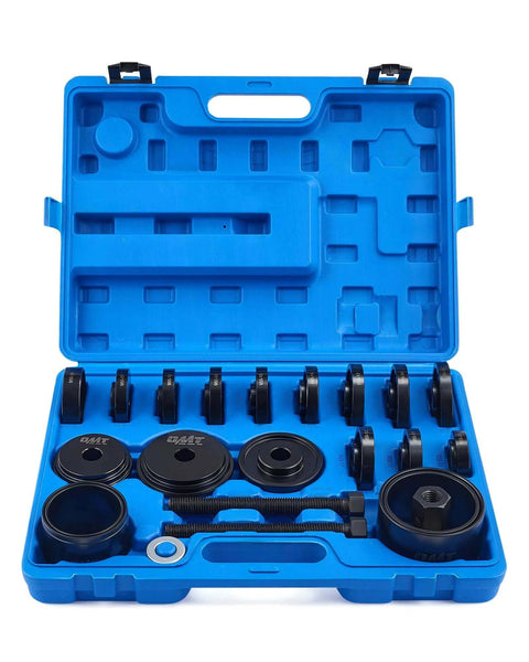 Open blue case of Wheel Bearing Press Kit for Front Wheel Drive Bearing Removal & Installation, 24pc Wheel Bearing Puller Tool Set