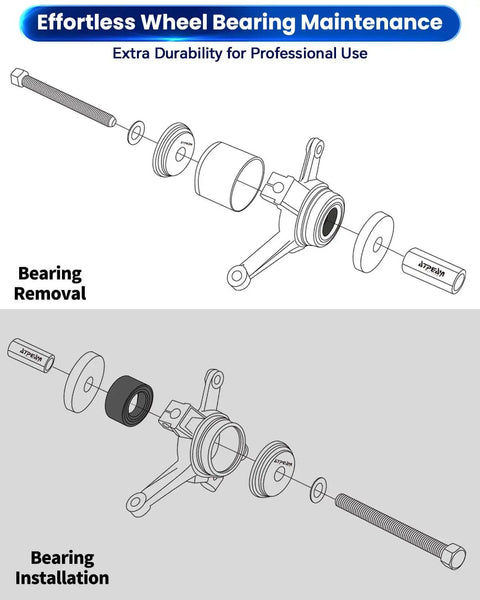Diagram showing 24 Piece Wheel Bearing Press Kit For Front Wheel Drive Vehicles Bearing Removal And Installation Set With Universal Bushings.