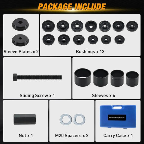 Package contents of Wheel Bearing Removal Tool Kit 23 Piece Set For Front Wheel Drive Vehicles, showing sleeves, bushings, and carry case