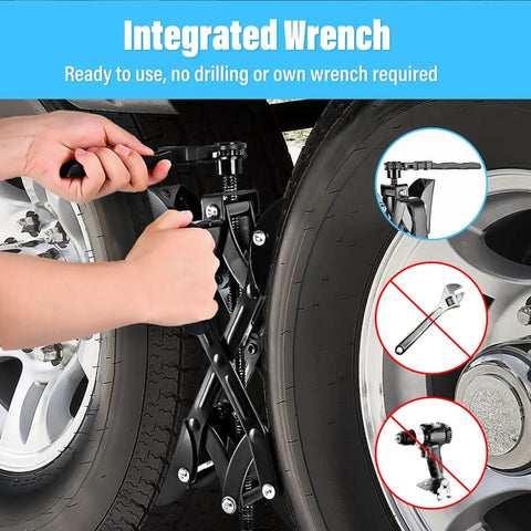 Person using integrated wrench on X Chocks Wheel Stabilizer 2 Pack For RVs And Travel Trailers Fits 3 To 10 Inch Wheel Gaps