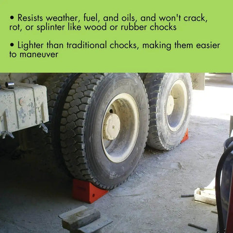 Heavy Duty Wheel Chock For 32 To 46 Inch Tires, 50k Lb Load Capacity, Made In USA Polyurethane Construction installed on truck