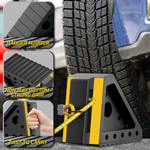 Heavy Duty Wheel Chocks With 39 Inch Rope For Trailers RVs Cars Trucks And ATVs Non Slip Grip On Grass Concrete Slopes And Uneven Ground Easy To Store With Handles showing black chock with yellow stripe, rugged rubber, and grip details.