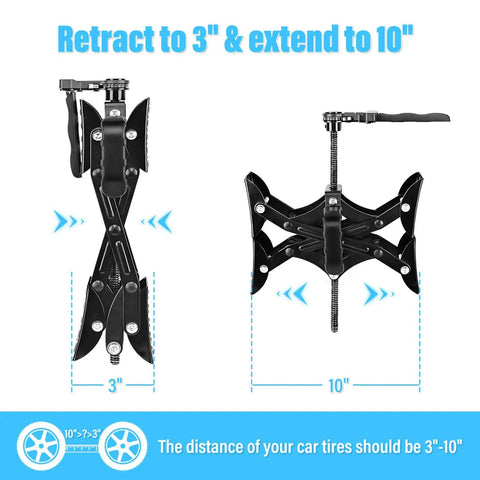 X Chocks Wheel Stabilizer 2 Pack For RVs And Travel Trailers Fits 3 To 10 Inch Wheel Gaps showing retracted and extended views