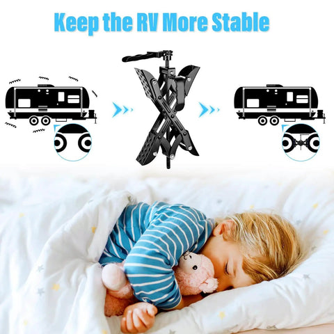 X Chocks Wheel Stabilizer 2 Pack For RVs And Travel Trailers Fits 3 To 10 Inch Wheel Gaps with child sleeping illustration