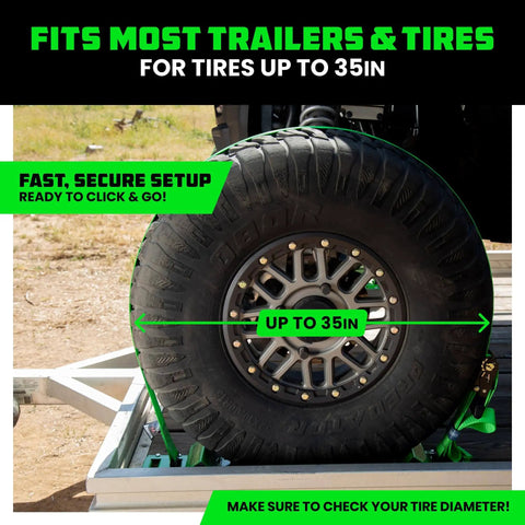 Heavy Duty Wheel Chock Tie Down Kit With 4500 Pound Break Strength Includes 2 Wheel Chocks And 4 Ratchet Straps For E Track System For ATV UTV Lawn Mower And Trailer Green Rhino USA securing a tire on a trailer