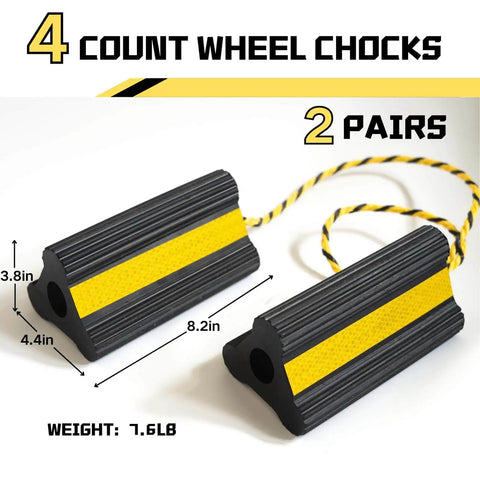 Wheel Chocks With Gloves, Heavy Duty Rubber, 8mm Teeth, Non Slip Base, All Terrain Anti Slip Tire Stopper For RVs, Trailers, Boats, Cars, SUVs, ATVs, Aircraft, Travel Trailers, 2 Pairs (4 Count). Image shows black and yellow rubber wheel chocks with rope attachment, dimensions labeled 8.2 in x 4.4 in x 3.8 in.