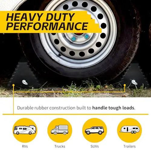 Heavy Duty Rubber Wheel Chocks With Steel Eyebolt 2 Pack Oil Resistant Non Slip 10 Inch By 8 Inch By 6 Inch For Trailers Cars RVs And Motorcycles Delivers Maximum Grip And Easy Safety Parking in use on a tire