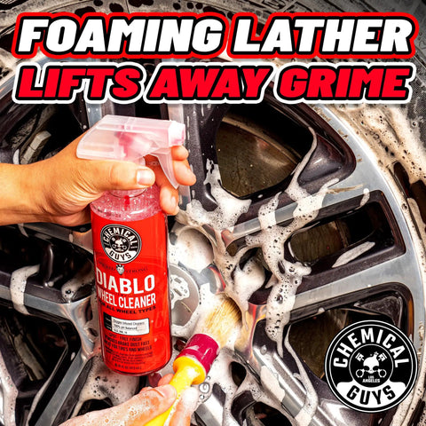Diablo Wheel Cleaner Spray Two Pack 16 Oz Bottles being applied to chrome wheel with brush, foaming lather lifts grime