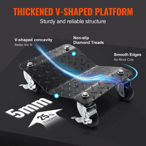Thickened V-shaped wheel dolly showing non-slip treads, smooth edges, and 5mm thickness for "✝️ Wheel Dolly, 3000 lbs Car Moving Dolly" set.