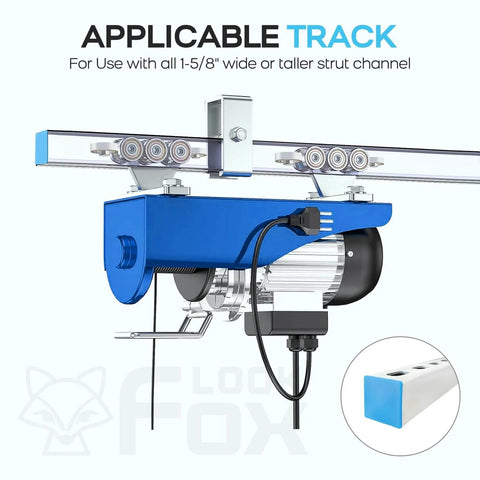 6+2 Wheel Hoist Trolley with Anti Lock Anti Fall Unistrut Rollers installed on strut channel for electric hoist systems