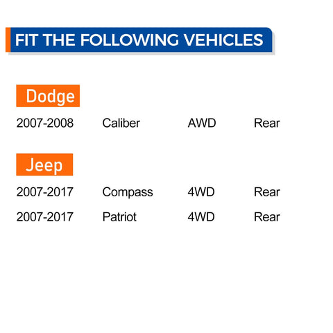 Compatibility chart for Rear Wheel Bearing And Hub Assembly 512333 For 2007 2017 Jeep Compass 2007 2017 Patriot And 2007 2008 Dodge Caliber.