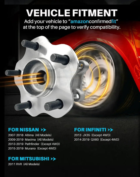 2 Pcs 512388 Rear Wheel Bearing Hub Assembly shown with rotating car wheel for various Nissan and Infiniti models