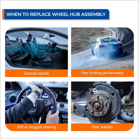 Graphic illustrating signs to replace wheel hub assembly: unusual sounds, poor braking, stiff steering, and poor stability.