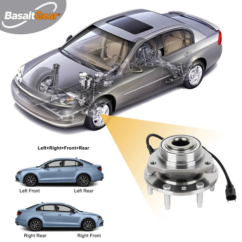 Car illustration showing Pair Of Front Wheel Hub And Bearing Assemblies 513188 For 2002-2009 Chevrolet with hub close-up.