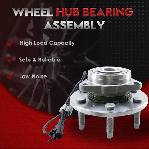 4WD Front Wheel Bearing And Hub Assembly For 2007-2014 Silverado 1500 Tahoe Suburban 1500 Avalanche Sierra 1500 Yukon XL 1500 And Cadillac Escalade Escalade ESV EXT With ABS Left Or Right 6 Lug on display with specifications listed for high load capacity, safety, reliability, and low noise.