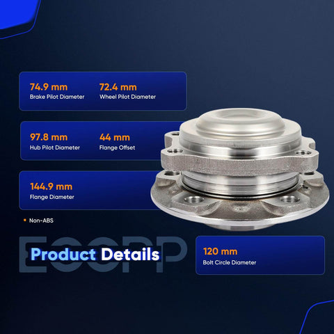 Front Left And Right Wheel Hub Bearing Assembly For BMW 528i 535d 535i 550i 640i 650i 740i 750i 760Li 5 Lug Fits Rolls Royce 2009 2019 Plug N Play Replacement showing specifications and dimensions