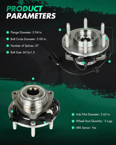 Front Wheel Hub And Bearing Assembly For Chevy Trailblazer SSR GMC Envoy Buick Rainier Oldsmobile Bravada Isuzu Ascender Saab 9 7x Six Lug ABS 4 2L 5 3L 6 0L Engines 513188 Direct Fit With Seals And Grease For Smooth Install And Lasting Performance, shown with product specifications.
