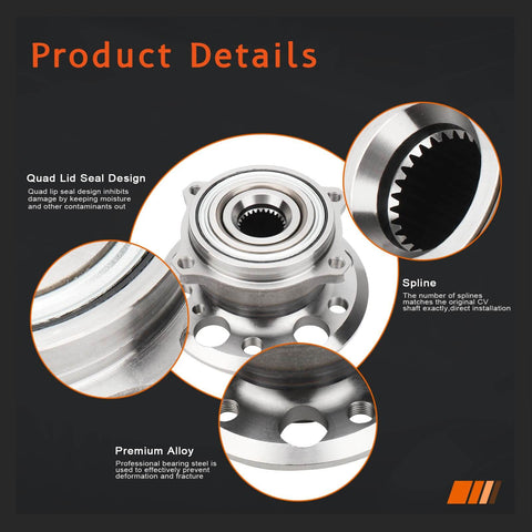 Rear Wheel Hub And Bearing Assembly For Mercedes Benz E Class CLS CL CLK GLK SL C Class S Class Vehicles 2003 To 2016 Replacement OEM Quality showcasing quad lid seal, spline, and alloy material details